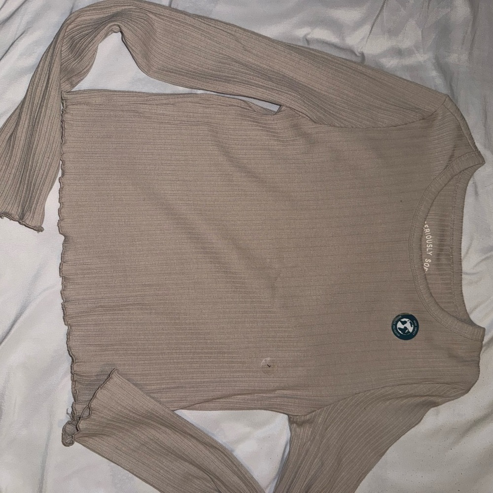 Beige Long Sleeve Ribbed Top